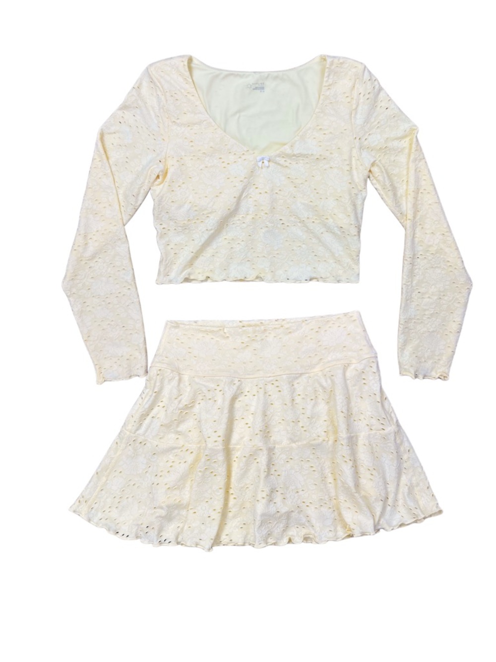 Aerie OFFLINE Treat Yourself Butter Yellow Eyelet Long Sleeve & Skort Set